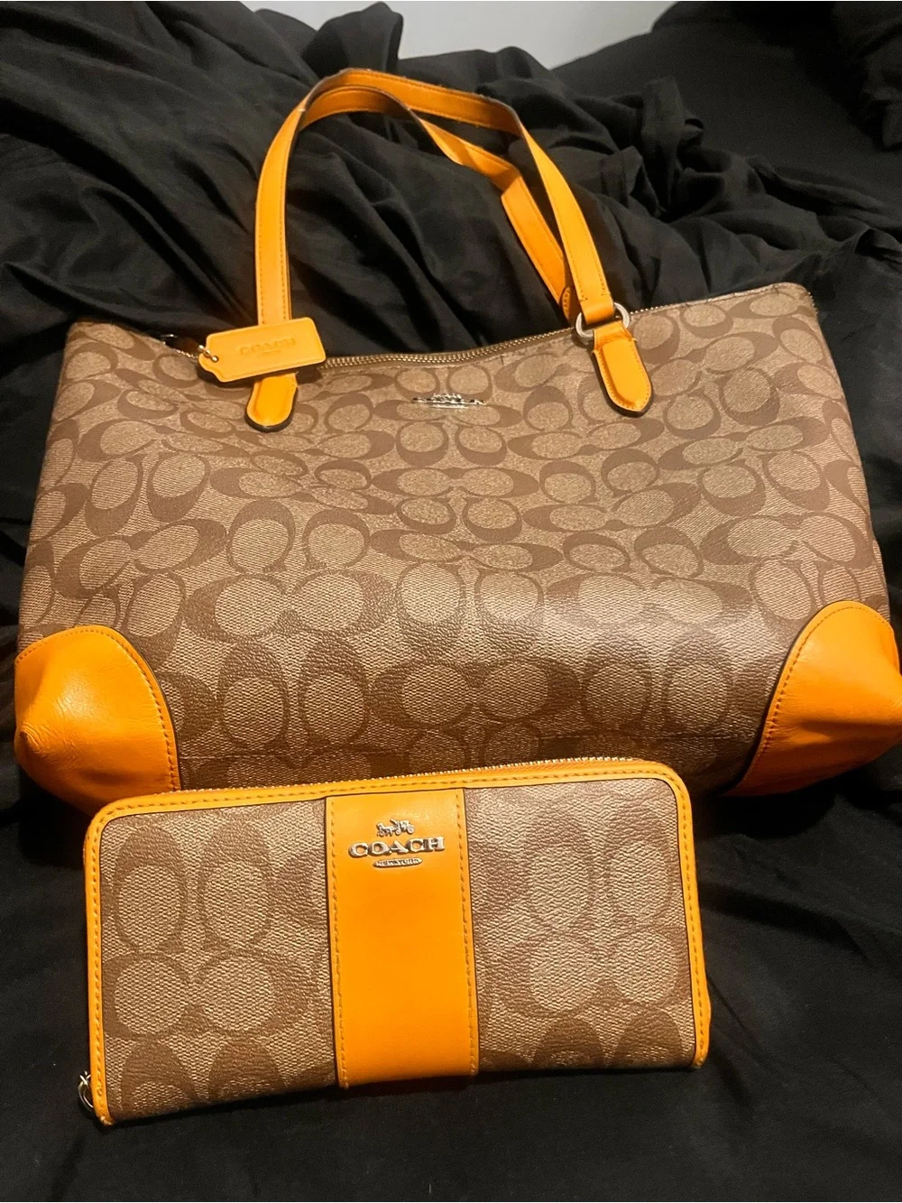 Coach Tan Signature Tote with Orange Leather Trim and Matching Wallet